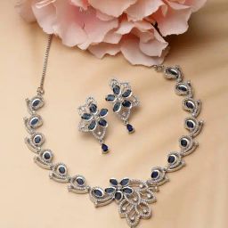 Zeneme Rhodium Plated AD Studded Necklace and Earrings Set-12