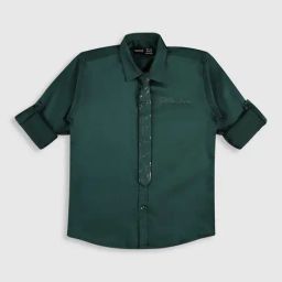 Cavio Kids Green Solid Full Sleeves Shirt with Tie-image-46