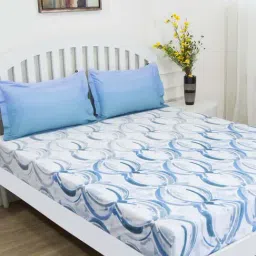 GMF White & Blue Cotton 144 TC Bed Sheet Set-picture-26