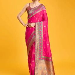 Monjolika Rani Pink Banarasi Satin Silk Zari Woven Saree with Blouse-picture-12