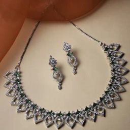 Zeneme Rhodium Plated AD Studded Floral and Leaf Shaped Jewellery Set-image-57