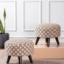 Nestroots Printed Beige Cotton Canvas 4 Wooden Legs Ottoman - Set of 2-7