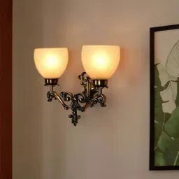 FOS LIGHTING Golden & Transparent Aluminium Dual Light Wall Lamp With Diamond Glass Shade-2