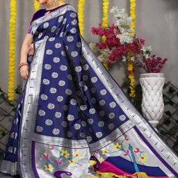 SHUBHKALA Blue Silk Woven Saree With Unstitched Blouse-image-91