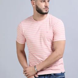 Bushirt Pink Regular Fit Striped Crew T-Shirt-image-55