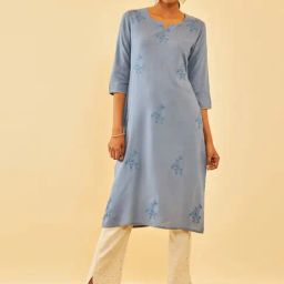 Soch Navy Blue Rayon Floral Embroidered Straight Kurta-picture-29