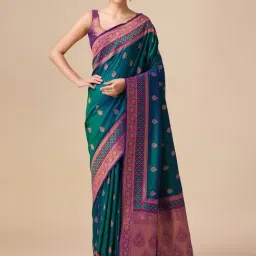 Monjolika Dark Teal Banarasi Satin Silk Zari Woven Saree with Blouse-image-23