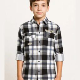 Cavio Boys Khaki Chequered Cotton Comfort Fit Shirt-image-62
