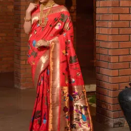 SHUBHKALA Red Silk Woven Saree With Unstitched Blouse-image-95