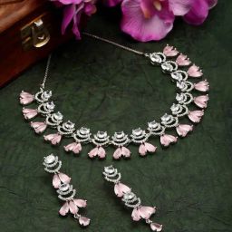 Zeneme Rhodium Plated AD Studded Necklace and Earrings Set-image-55
