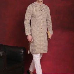Jompers Beige & White Regular Fit Embroidered Kurta Bottom Set-image-31
