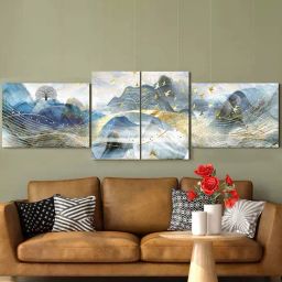 Art Street Multicolor Cotton Canvas Golden Birds With Mountains View Painting - Set of 4-27
