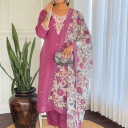 HERE&NOW Women Floral Embroidered Regular Thread Work Chanderi Silk Kurta with Trousers & With Dupatta-picture-10