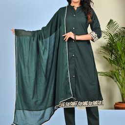 Moktika Thread Work Mandarin Collar A Line Kurta With Trousers & Dupatta image 3
