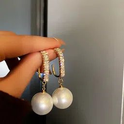 Estailo fashion Artificial Stones Studded & Beaded Pearlfect Hoop Earrings-image-64
