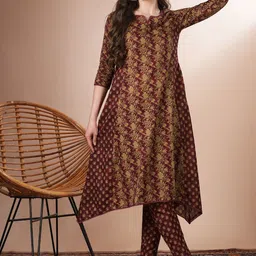 FASHOR Floral Printed Notch Neck Thread Work Pure Cotton A-Line Kurta With Trousers-picture-12
