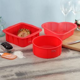 HAZEL Small Silicon Square Round & Heart Shape Cake Mould for Half Kg Pack of 3 - Red-32