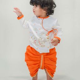 Tiber Taber Full Sleeves Lord Hanuman Embroidered Angarakha Style Kurta With Dhoti - White-image-14