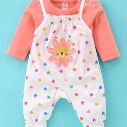 Mini Taurus Cotton Knit Heart Printed Dungaree with Full Sleeves Inner Tee - Orange & White-image-50