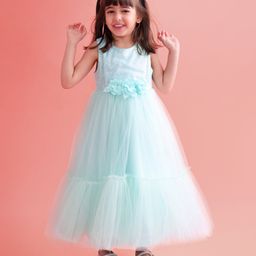 Babyhug Woven Sleeveless Party Dress Fit and Flare Sequinned Frilled Dress - Mint Blue-image-39