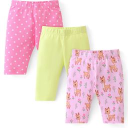 Babyhug Cotton Lycra Knit Three Fourth Legging Solid Color & Deer Print Pack of 3 - Green Pink & Peach-image-83
