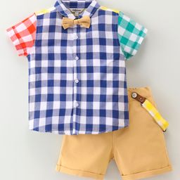 ToffyHouse Cotton Woven Half Sleeves Checks Shirt & Shorts Set with Suspenders & Bow - Multicolour-image-33