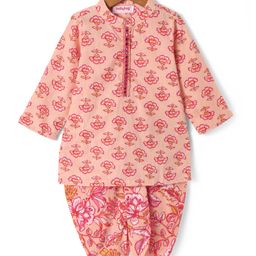 Babyhug Cotton Woven Full Sleeves Floral Printed Kurta Dhoti Set with Mirror Work Detailing - Peach-image-5