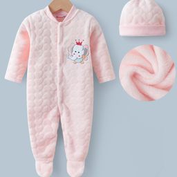 Kookie Kids Full Sleeves Footed Romper With Elephant Patch & Cap - Pink-image-99