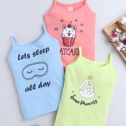 BUMZEE Cotton Pack Of 3 Sleeveless Animal & Catcake Text Printed Camisoles - Peach Blue & Green-image-86
