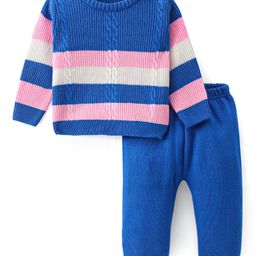 Doodle Poodle Knitted Full Sleeves Striped Sweater Set with Cable Knit Design - Blue & Pink-image-79