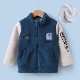 Kookie Kids Full Sleeves Winter Fur Jacket With Text Print - Blue-image-26