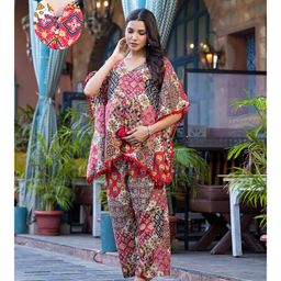 Aujjessa Cotton Batwing Sleeves Floral Printed & Lace Embellished Maternity Feeding Night Suit with Concealed Zipper Nursing AccessRed Multi-image-34