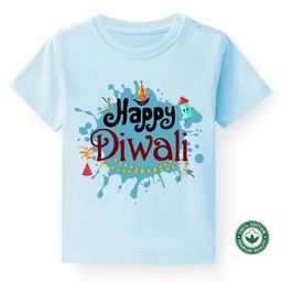 BLUSHES Diwali Theme 100% Cotton Half Sleeves Happy Diwali Text Printed Tee - Powder Blue-picture-19