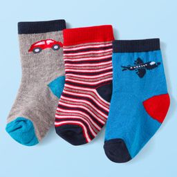 Cute Walk by Babyhug Knit Ankle Length Striped Socks With Vehicle Design Pack of 3 - Red Grey & Blue-image-87