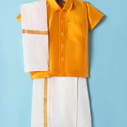 Dapper Dudes Half Sleeves Solid Shirt With Mundu & Angavastram Set - Gold-image-83