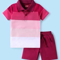 Babyhug Single Jersey Knit Half Sleeves Polo T-Shirt & Shorts Set With Color Block Design - Maroon-image-15