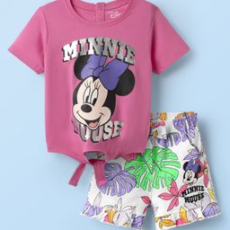 Babyhug Disney Single Jersey Knit Half Sleeves Knot T-Shirt & Shorts With Minnie Mouse Family Graphics and Foil Print Detailing - Multicolor-image-22
