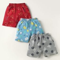CUCUMBER Sinker Knit Above Knee Length Printed Shorts Pack of 3 - Red Grey & Light Blue-image-62