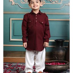 Polka Tots Cotton Full Sleeves Solid Pathani Style Kurta & Pyjama Set - Maroon-image-73