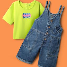 OLLINGTON ST. Stretchable Denim Dungaree & Half Sleeves Inner Top with Free Mind Text Print - Blue & Limegreen-image-39