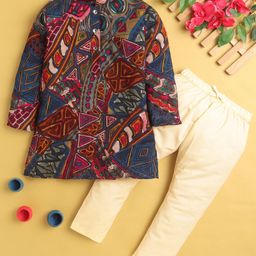 Jeet Ethnics Cotton Blend Full Sleeves Abstract Printed Kurta Pyjama Set - Maroon-image-92