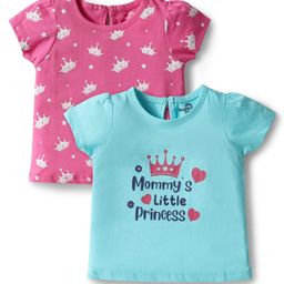 Doodle Poodle 100% Cotton Knit Half Sleeves Tops with Mommy's Little Princess Text Print Pack of 2 - Light Blue & Pink-image-8