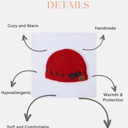 Funkrafts Woollen Handmade Knitted Polka Dots Designed Bow Applique Detailed Beanie Cap - Red image 2