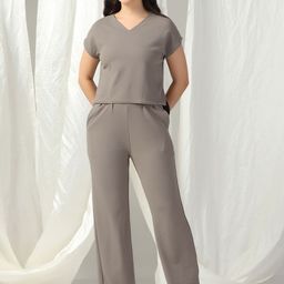 SZN Women Taupe Textured V-Neck Top With Trousers Co-Ord Set-picture-44