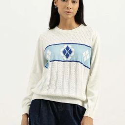 United Colors of Benetton White Cotton Jacquard Pattern Sweater-image-89