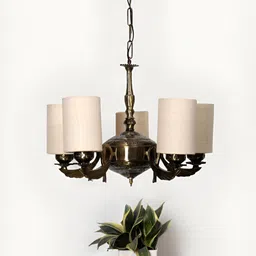 Devansh White Textured Round  shade with Antique Golden Chandelier Metal Ceiling Lamp-image-30