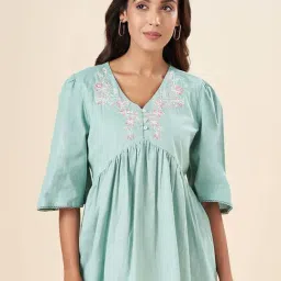 Akkriti by Pantaloons Aqua Blue Cotton Embroidered Top-image-36