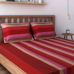Swayam Stripes Red & Beige 180 TC Cotton Single Bedsheet with 1 Pillow Cover-image-24