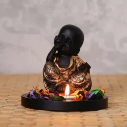 eCraftIndia Decorative Smiling Golden Monk Buddha with Wooden Base, Fragranced Petals and Tealight-25