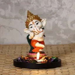 Colorful Lord Ganesha Dancing Avatar Showpiece with Wooden Base, Fragranced Petals and Tealight-image-93